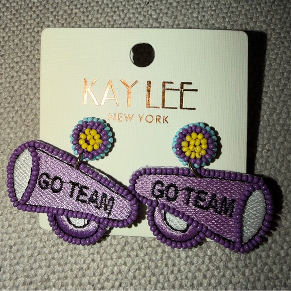 KAY LEE Jewelry - Kay Lee Purple Embroidered 'Go Team' Beaded CheerLeader Megaphone Earrings